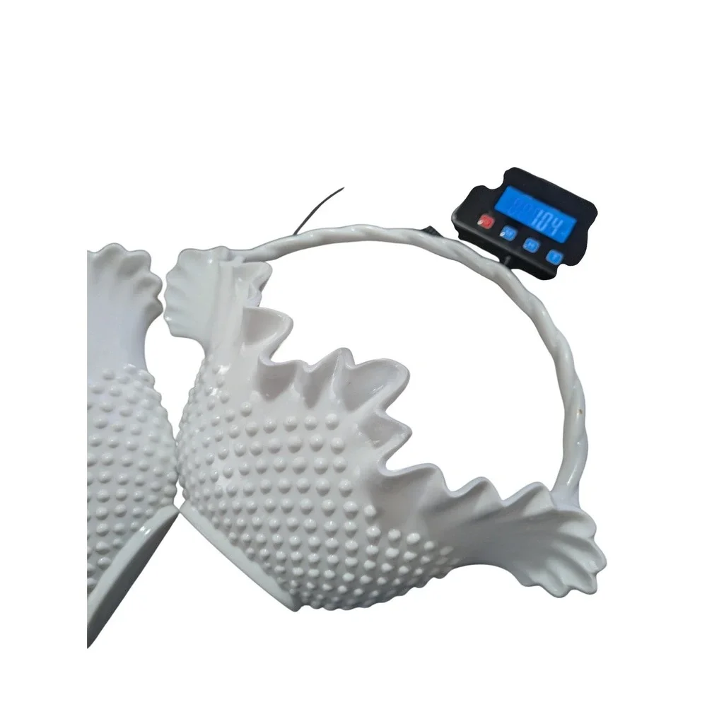 White Burwood Hobnail Fenton Art Plastic Basket MCM LXXXIV 2673 2PC‎ F1